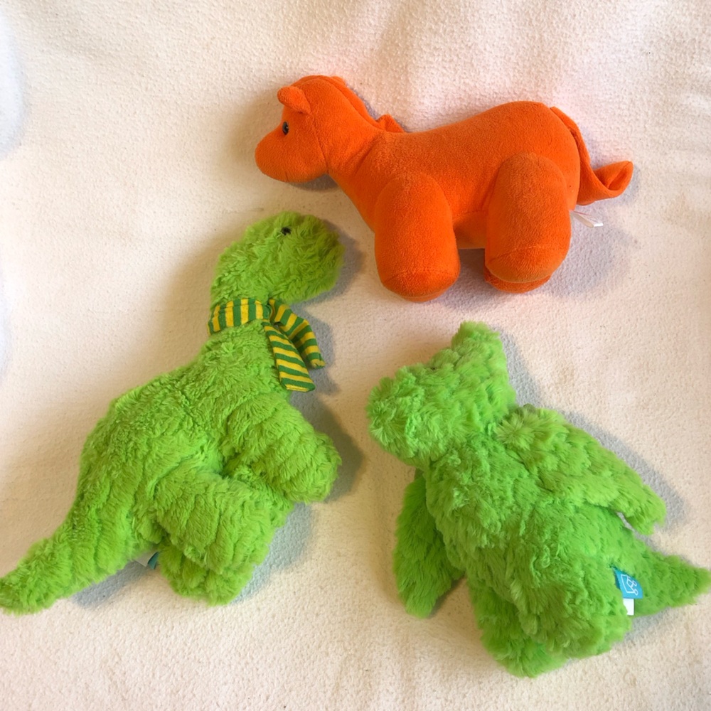 3 Manhattan Toy Plushies: Swoop the Pterodactyl, Brontosaurus with Scarf & Horse